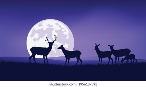 Herde wild lebender Hirsche und Babyblütenweiden auf der Nachterwiese mit Vollmond am Himmel - Vektorhintergrund der wild lebenden Tiere