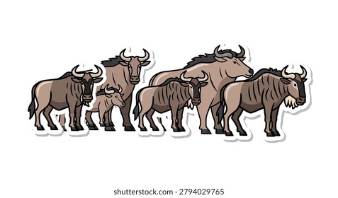 Herd of wildebeest walking side by side