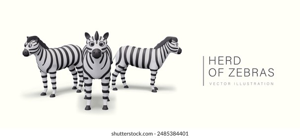 Herd of zebras in 3D style. Vector group of ungulate herbivores