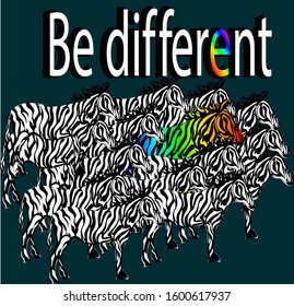 Herd of zebras with one zebra in color and title be different. Vector illustration