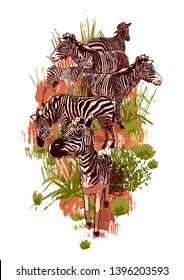 The herd of zebras sowing in steppe landscape. Vector graphics drawn in the technique of rough brush in calm colors