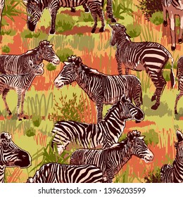 The herd of zebras sowing in steppe landscape. Vector seamless repeated pattern drawn in the technique of rough brush in calm colors