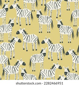 Herd of zebras in yellow background - cute and simple animal drawing seamless pattern illustration