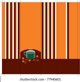 Here is 3 colors (Pantones) design for the coffee package. Illustration of a cup of coffee with coffee beans on round table.