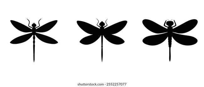 Aqui estão 40 palavras-chave para o título "Dragonfly Silhouette Set Vetor Design