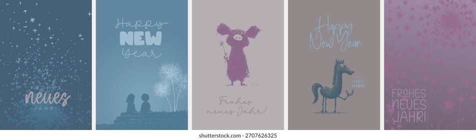 Aquí hay 5 conceptos modernos y lindos de tarjetas de felicitación de Nuevo año (formato DIN) que se describen en inglés, listos para el diseño de Vectores con tipografía y símbolos convertidos en trazados de líneas