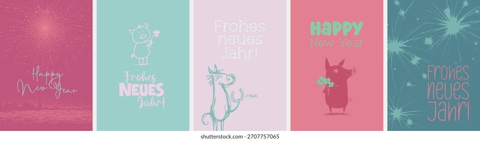 Here are 5 modern and cute New Year’s greeting card concepts (DIN format) described in English, ready for vector design with typography and symbols converted to outlines paths