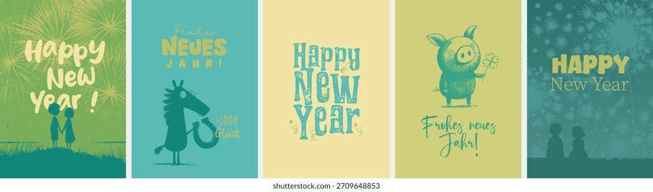 Hier sind 5 moderne und niedliche Neujahrsgrußkartenkonzepte (DIN-Format) in englischer Sprache beschrieben, bereit für Vektordesign mit Typografie und Symbolen, die in Umrisspfade umgewandelt wurden