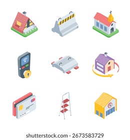 Aquí hay un increíble paquete de iconos isométricos de vivienda y construcción