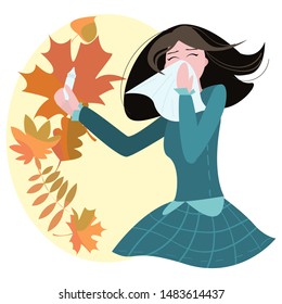 Here is a brunette with a handkerchief in her face who suffers from autumn diseases (runny nose, sore throat, cough, allergy). She has a bottle of nasal drops in her hand. Cartoon style is used.