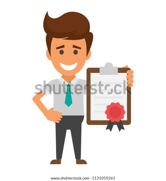
Here is a cartoon character icon of businessman gripping certificate 
