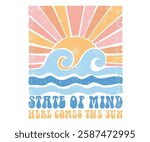 Here come the sun. Summer vibes artwork. Sunshine paradise graphic print design. Enjoy beach life. Surf club design. Beach modern abstract art. Ocean abstract wave.
