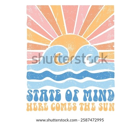 Here come the sun. Summer vibes artwork. Sunshine paradise graphic print design. Enjoy beach life. Surf club design. Beach modern abstract art. Ocean abstract wave.