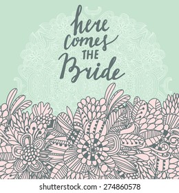 Aquí viene la novia - increíble carta de concepto en vector. Fondo romántico en un estilo moderno hecho de flores adorables