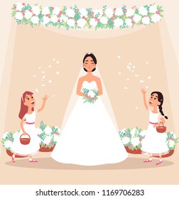 Here comes the bride with girls who throw petals in the air. Cute vector cartoon characters. Wedding ceremony.