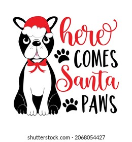 Here comes Santa paws - funny saying with cute boston terrier in Santa hat. Good for greeting card, textile print, poster, label an other decoration for Christmas.