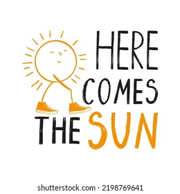 Here comes the sun boho illustration. Retro happy sun vector art illustration.