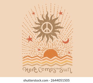 Aí vem o sol. Verão sem fim. Arte do paraíso de Sunshine. Arte abstrata do sol. Verão boas vibes vetorial design gráfico para vestuário, cartazes, fundo e outros. Sol, lua, arte estelar.