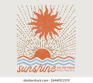 Aí vem o sol. Verão sem fim. Arte do paraíso de Sunshine. Arte abstrata do sol. Verão boas vibes vetorial design gráfico para vestuário, cartazes, fundo e outros.