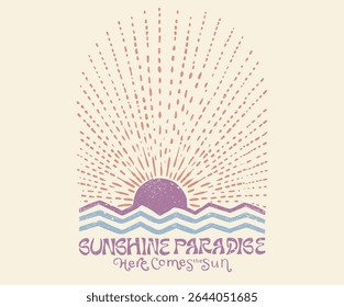 Aí vem o sol. Verão sem fim. Verão boas vibes vetorial design gráfico para vestuário, cartazes, fundo e outros. Arte do paraíso de Sunshine. Arte abstrata do sol. 