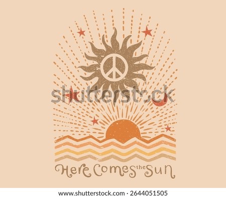 Here comes the sun. Endless summer. Sunshine paradise artwork. Abstract sun artwork. Summer good vibes vector graphic design for apparel, posters, background and others. Sun, moon, star artwork.