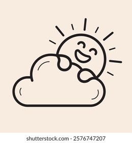 Here Comes the Sun. A happy sun rises from behind the cloud, with happy smile, cheerful eyes and long rays of heat. Outline icon vector line art.