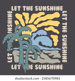 Here comes the sun. Ocean wave. Summer modern art frame design. No bad days. Miami surfing club. Paradise t shirt graphics design, typography slogan