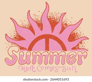 Aí vem o sol. Arte do paraíso de Sunshine.  Verão boas vibes vetorial design gráfico para vestuário, cartazes, fundo e outros.
