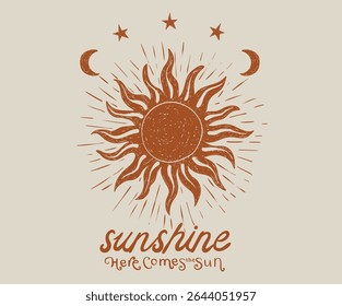 Aí vem o sol. Arte do paraíso de Sunshine. Arte abstrata do sol. Verão boas vibes vetorial design gráfico para vestuário, cartazes, fundo e outros. Sol, lua, arte estelar.