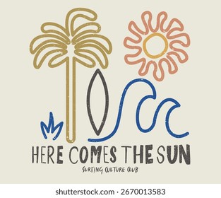 Hier kommt die Sonne. Tropisches Palmendesign. Sunshine Paradies Grafikdesign. Strand moderne abstrakte Kunst. Sonnenschein auf meinem Kopf. Sommervibes Kunstwerk.