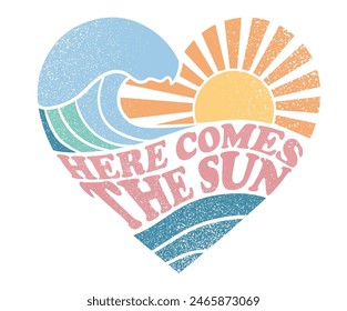 Here comes the sun. Wave love club print design. Sunshine beach artwork. Beach vibes artwork. Summer design for t shirt print, sticker, background and other uses. 