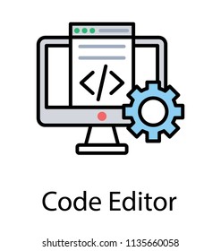 
Here is a computer screen with coding signs and cogwheel showing icon for code editor
