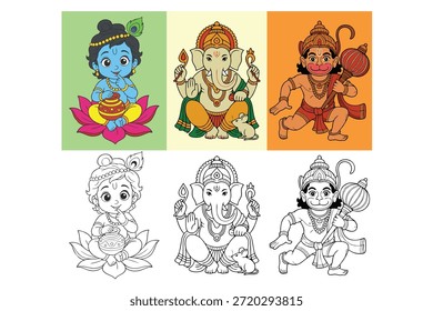 Aqui estão descrições para desenhos vetoriais de desenhos animados de Lord Krishna, Lord Ganesh, e Lord Hanuman, com foco em elementos visuais comuns e estilos. Esses designs normalmente usam um estilo de arte vetorial bonito, simplificado e colorido. 