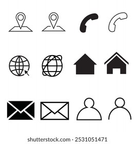 Aqui estão diferentes tipos de ícones usados para informações de contato. Cada tipo de ícone serve a um propósito específico, dependendo das necessidades de design do usuário, garantindo uma gama diversificada de ativos para diferentes aplicativos