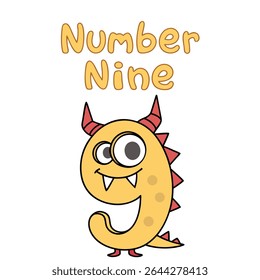 Here, the digit nine creatively morphs into a yellow cartoon monster, complete with red horns, spiky scales, feet, and is displayed with a white background.