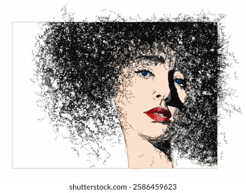 Here is a drawing of a beautiful girl with curly hair. This is a 3-d illustration with text area and copy space.