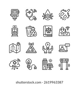 Here is an editable pack of smart city technology outline icons