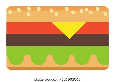 Here is flat art of a cheese burger with lettuce, tomato and sesame seed bun. It is a vector.