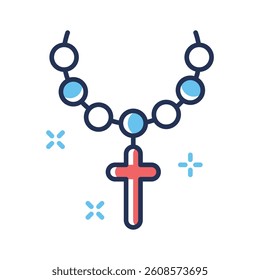 Here is a flat outline icon of cross necklace with beads