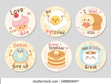 Here are funny bakery food quotes full of love and fun. Sayings Love at first bite, I loaf you, donut give up, and more. Set of circle gift tag, badge, button pin. Vector illustration.
