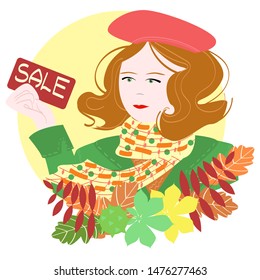 Here is a girl with ginger, short hair and a red beret. In her hand she holds a discount card that says "sale". The picture contains the attributes of autumn. Used vector, cartoon style.