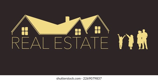 Here is a golden embossed roof of a home with the words "real estate" beneath and a family of four nearby. Useful to illustrate the idea of real estate sales, mortgage rates, cost of housing, etc.