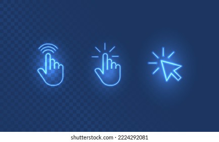 Сlick here of hand gesture in digital futuristic style on transparent background. Neon icon of hand movement on the touch screen. Vector illustration of touch effect icon in neon light effect