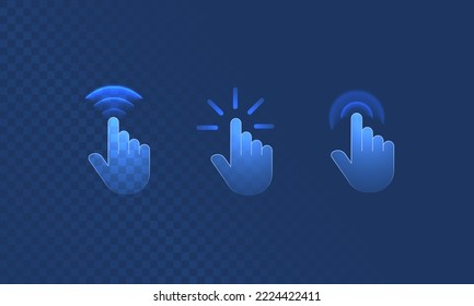 С lamer aquí el gesto de la mano en estilo futurista digital sobre fondo transparente. Icono neón del movimiento de la mano en la pantalla táctil. Ilustración vectorial del icono de efecto táctil en efecto neón