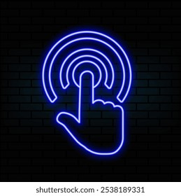 СClique aqui do gesto da mão em estilo futurista digital em fundo transparente. Ícone de néon do movimento da mão na tela sensível ao toque. Ilustração vetorial do ícone de efeito de toque no efeito de luz de néon.