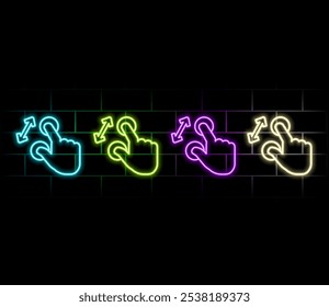 СClique aqui do gesto da mão em estilo futurista digital em fundo transparente. Ícone de néon do movimento da mão na tela sensível ao toque. Ilustração vetorial do ícone de efeito de toque em neon.