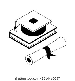 Here is handy isometric icon of scholarship degree and hat
