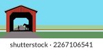 Here is an illustration of a bright red covered bridge in a rural setting. This is a vector.
