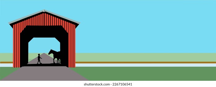 Here is an illustration of a bright red covered bridge in a rural setting. This is a vector.