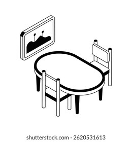 Here is an isometric outline icon depicting meeting room furniture